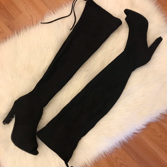 Elaine Over The Knee Peep Toe Black Suede Boots - Picture 5 of 8